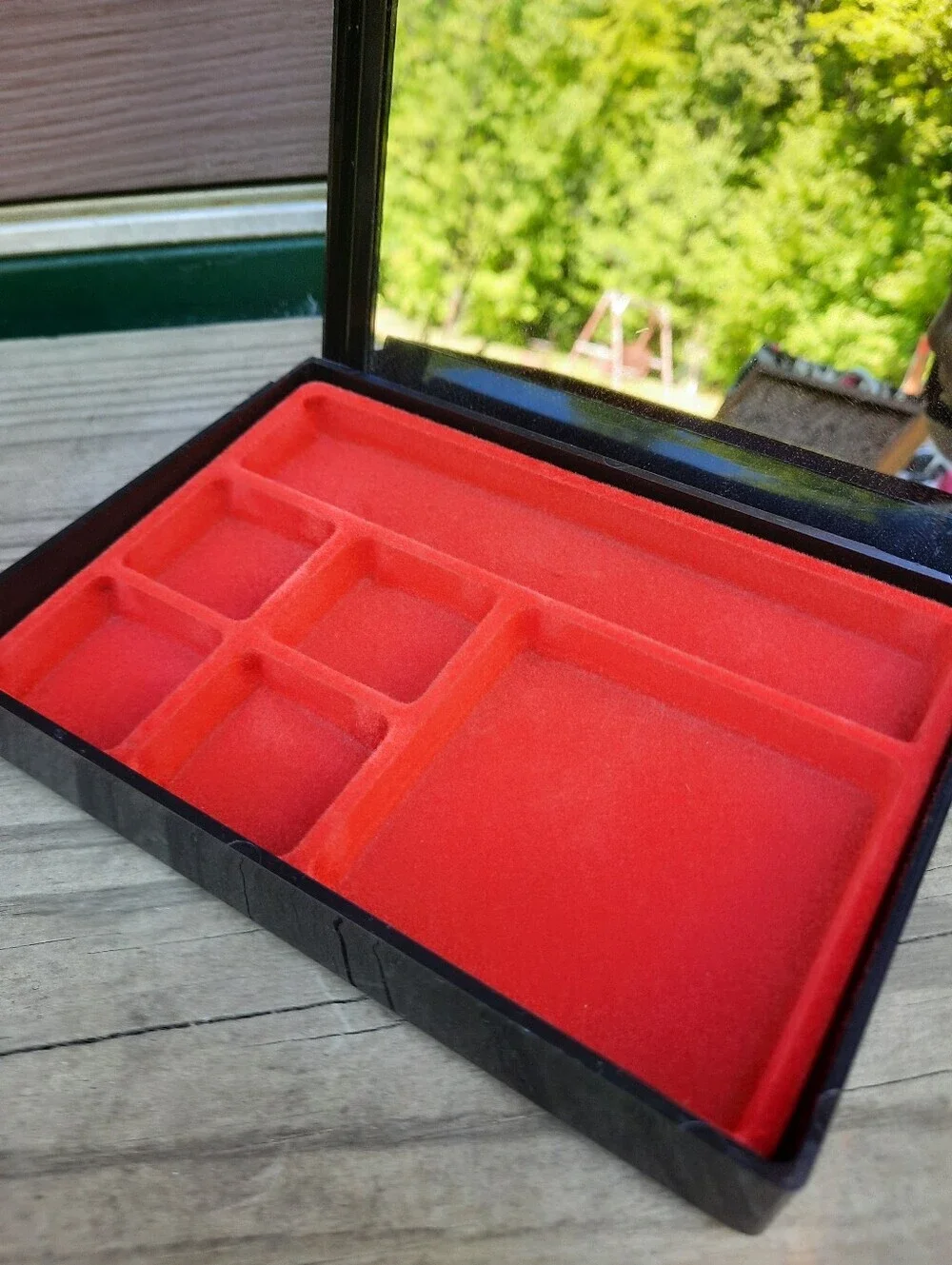 Vintage Asian Black Hard Plastic Peony Painted Lined Mirror Jewelry Box Small